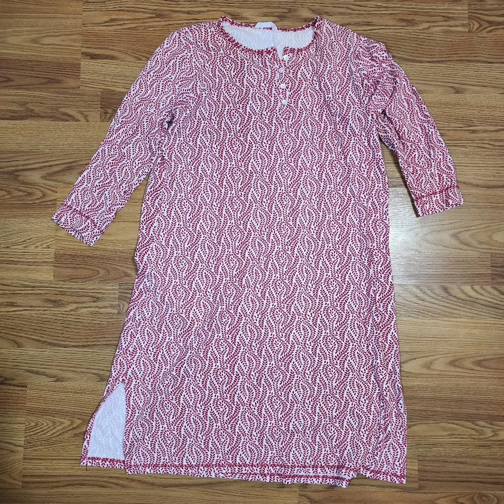 Lands End Women Pajama Dress M Red White Round Neck Pullover Long Sleeve Sleep - Picture 1 of 10